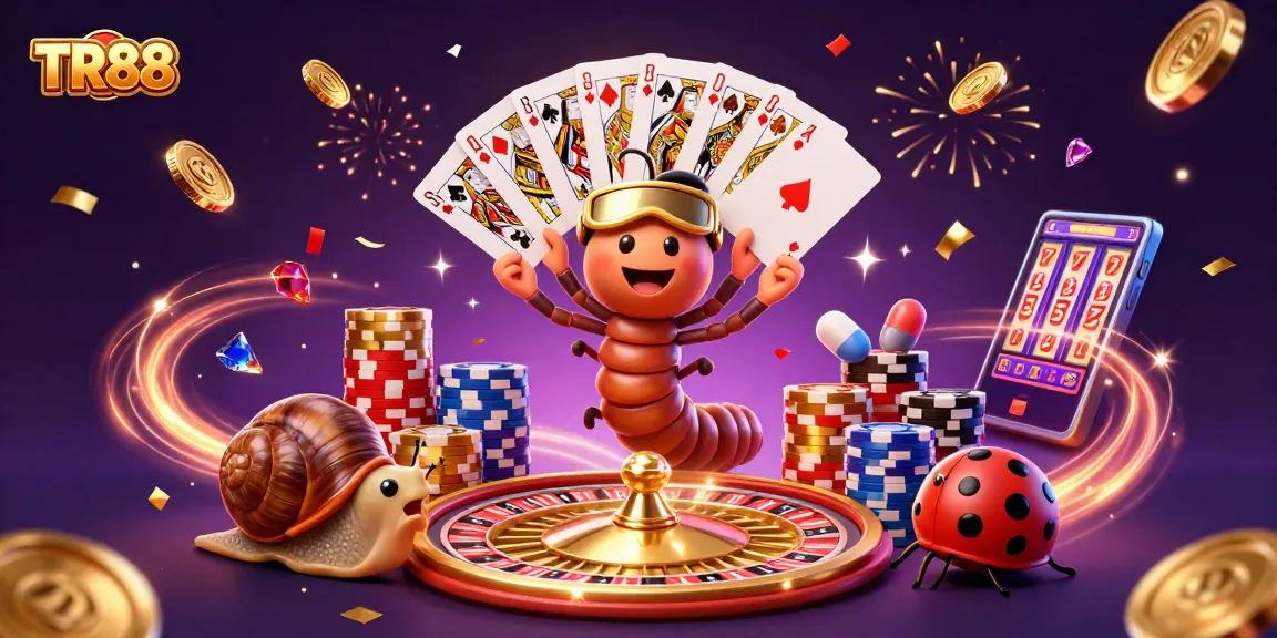 Experience TR88 excitement with playful characters and dynamic casino elements in a vibrant scene.
