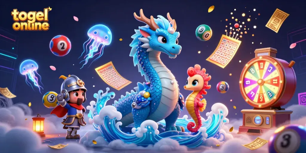Jelajahi togel online dengan ilustrasi menarik, naga air, dan bola lotere berwarna.