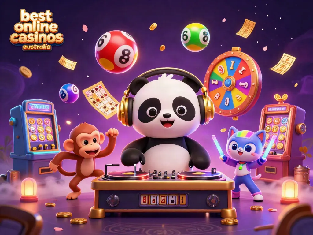 Experience the excitement at the best online casinos australia with vibrant characters and game elements in a colorful casino scene.