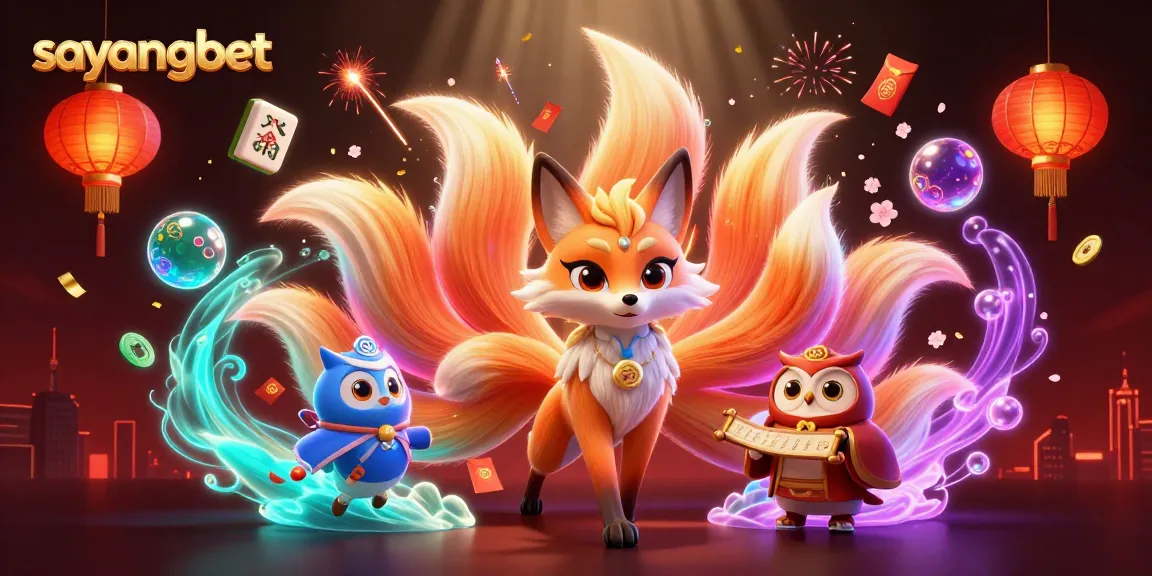 Engage with sayangbet through this vibrant 3D illustration depicting a nine-tailed fox spirit and wise owl sage.