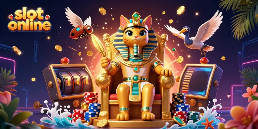 Spin the slot online with vibrant Egyptian pharaoh cat and rich casino elements surrounding.