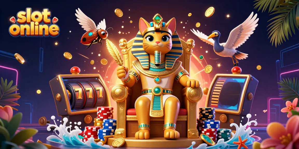 Spin the slot online with vibrant Egyptian pharaoh cat and rich casino elements surrounding.