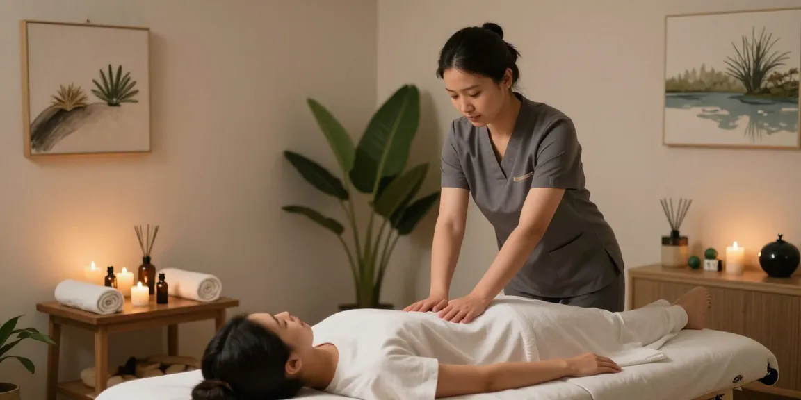 마사지 테라피 룸에서 편안한 분위기에서 시술되고 있는 모습