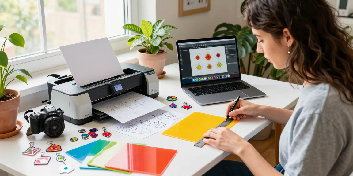 Custom acrylic diamond keychains being designed in a vibrant home workspace.