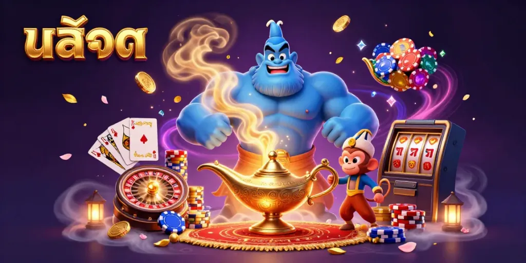 Experience the excitement of สล็อต with a blue genie, poker chips, and cascading gold coins.