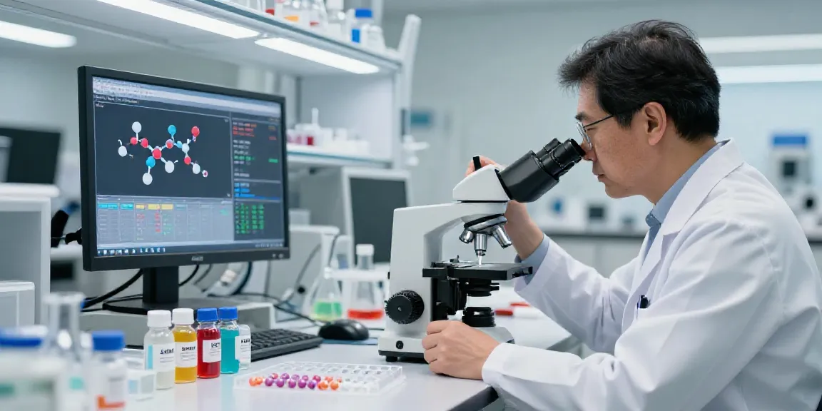Scientist examining swiss chems peptides in a modern lab setting.