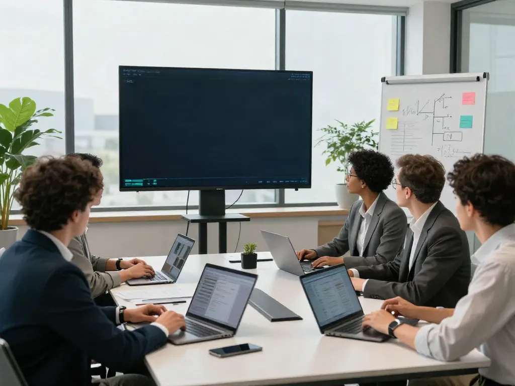 Deepfake-protected meetings discussion with professional team in a modern office.
