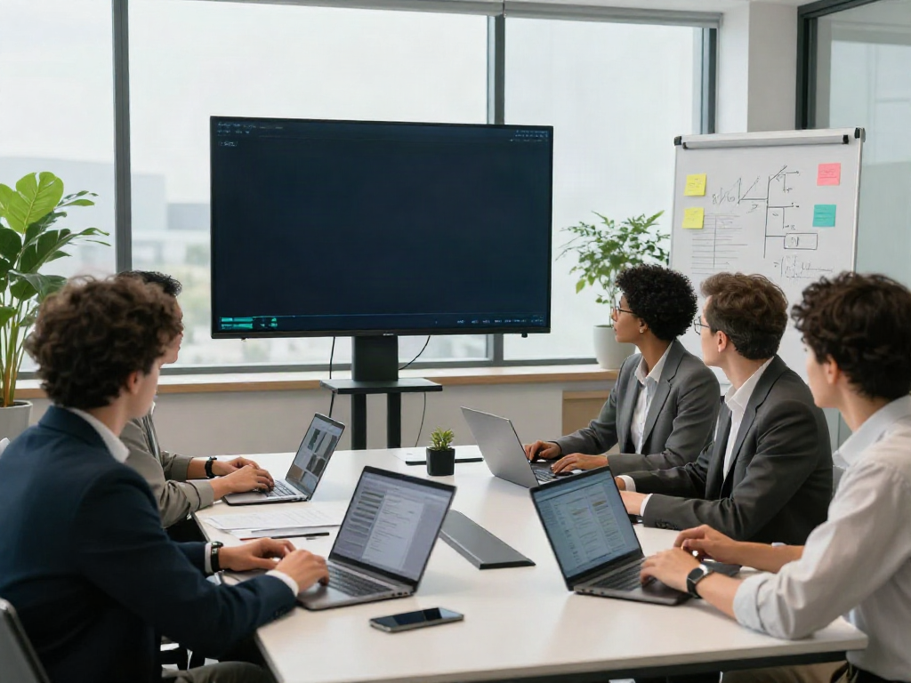 Deepfake-protected meetings discussion with professional team in a modern office.