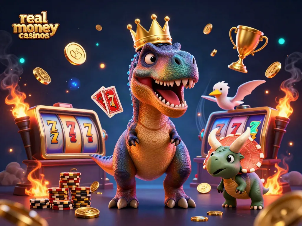 Engage with real money casinos featuring a cartoon T-Rex shuffling cards amidst golden slot elements.