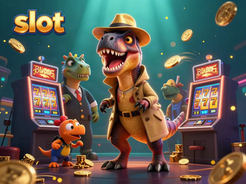 Slot mesin dengan velociraptor mencuri perhatian, dikelilingi koin emas dan simbol keberuntungan.