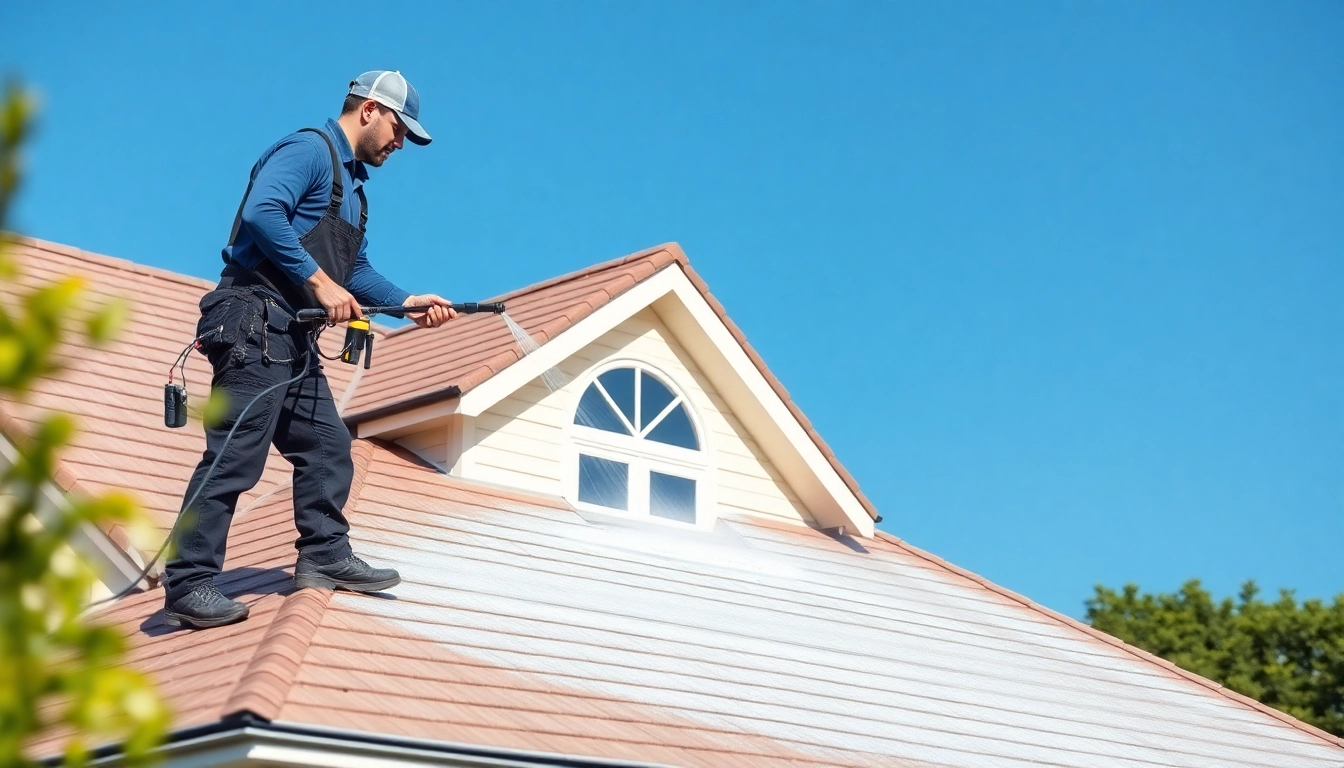 Expert roof cleaning technician using eco-friendly solutions on a residential home.