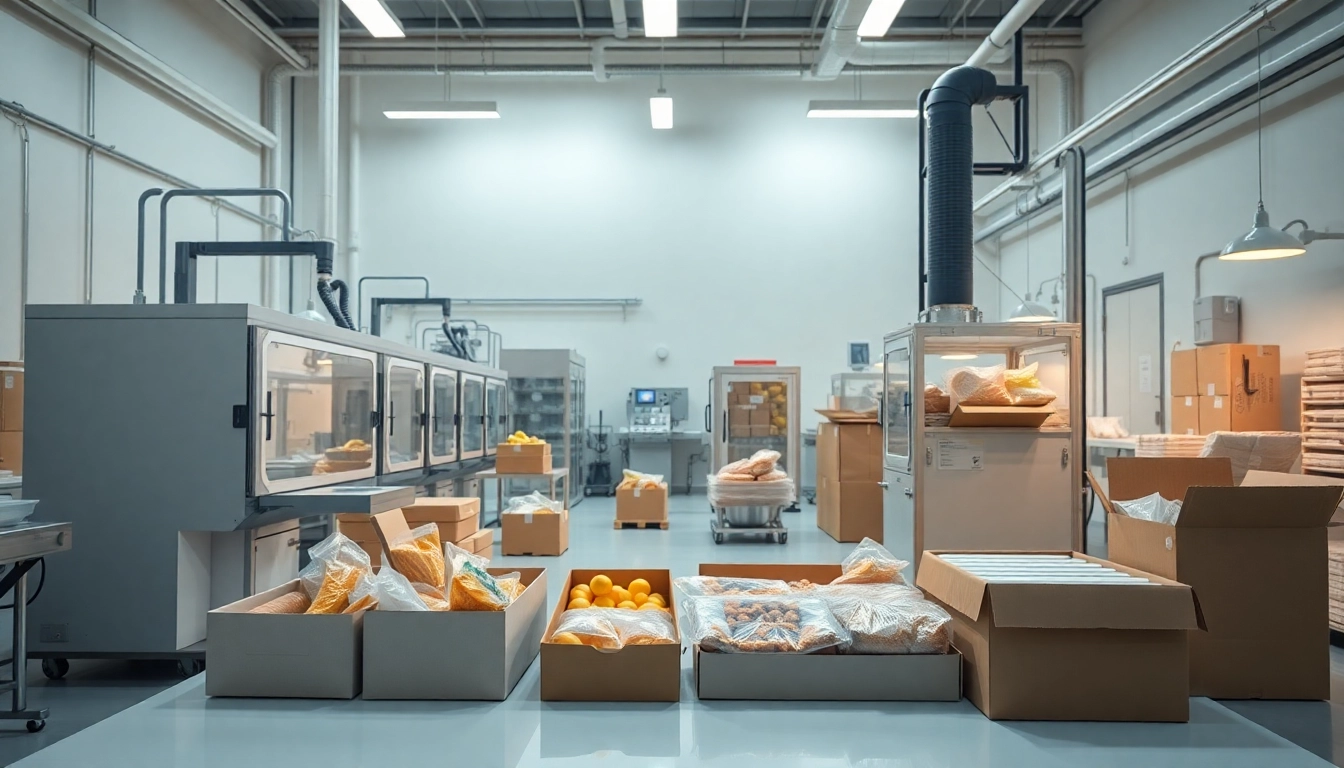 Visual representation of food contract packaging process showcasing efficient machinery and neatly organized products.