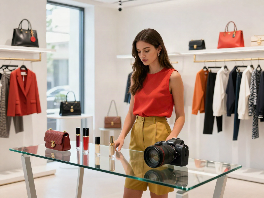 Model menampilkan produk LUXURY111 di showroom modern dengan pencahayaan lembut.