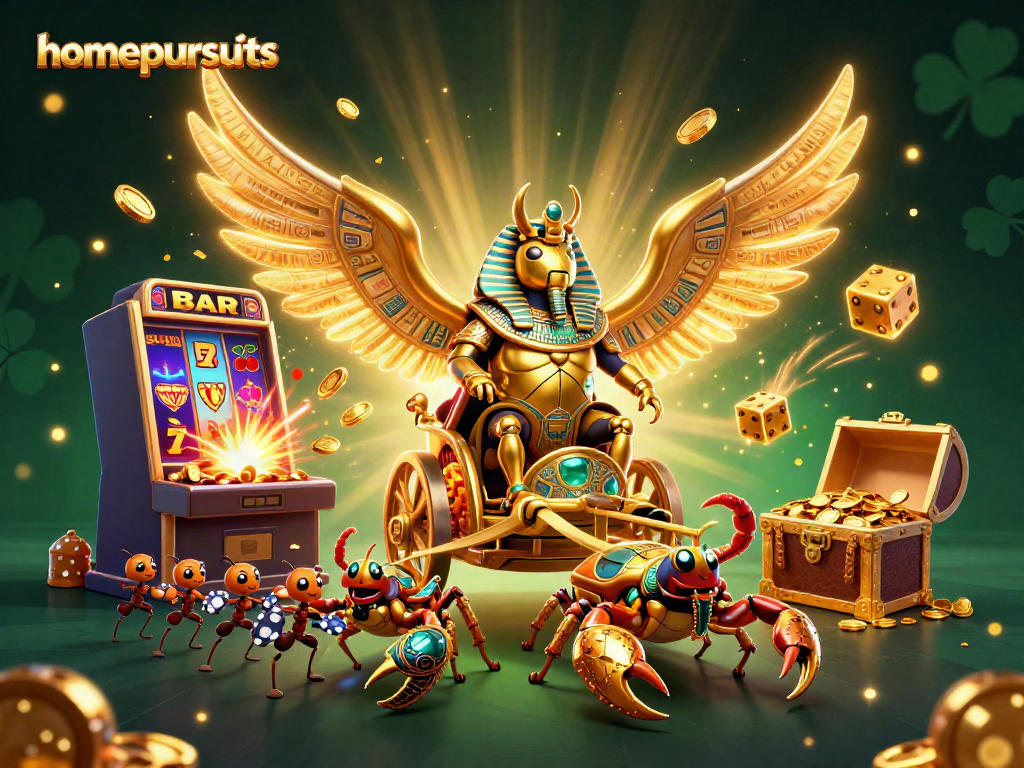 Permainan jackpot beruntun di homepursuits dengan scarab emas dan simbol permainan kasino.