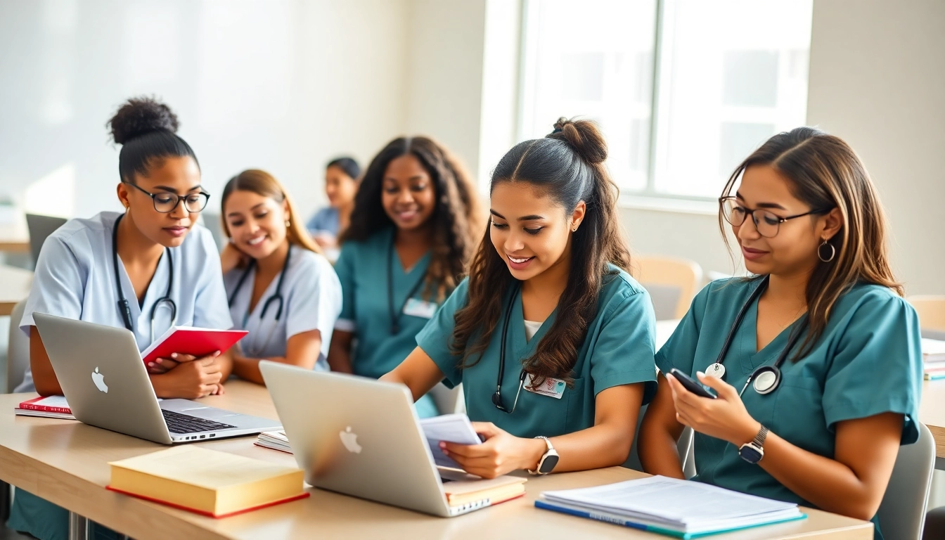 Group of diverse nursing students engaged in study sessions at a Houston Trusted NCLEX review center.