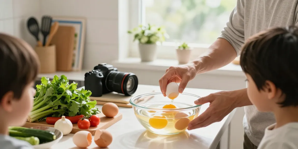 Menunjukkan panduan Egg Float Test dengan telur mengapung di https://www.eggfloattest.com/contact dalam suasana dapur yang hangat.