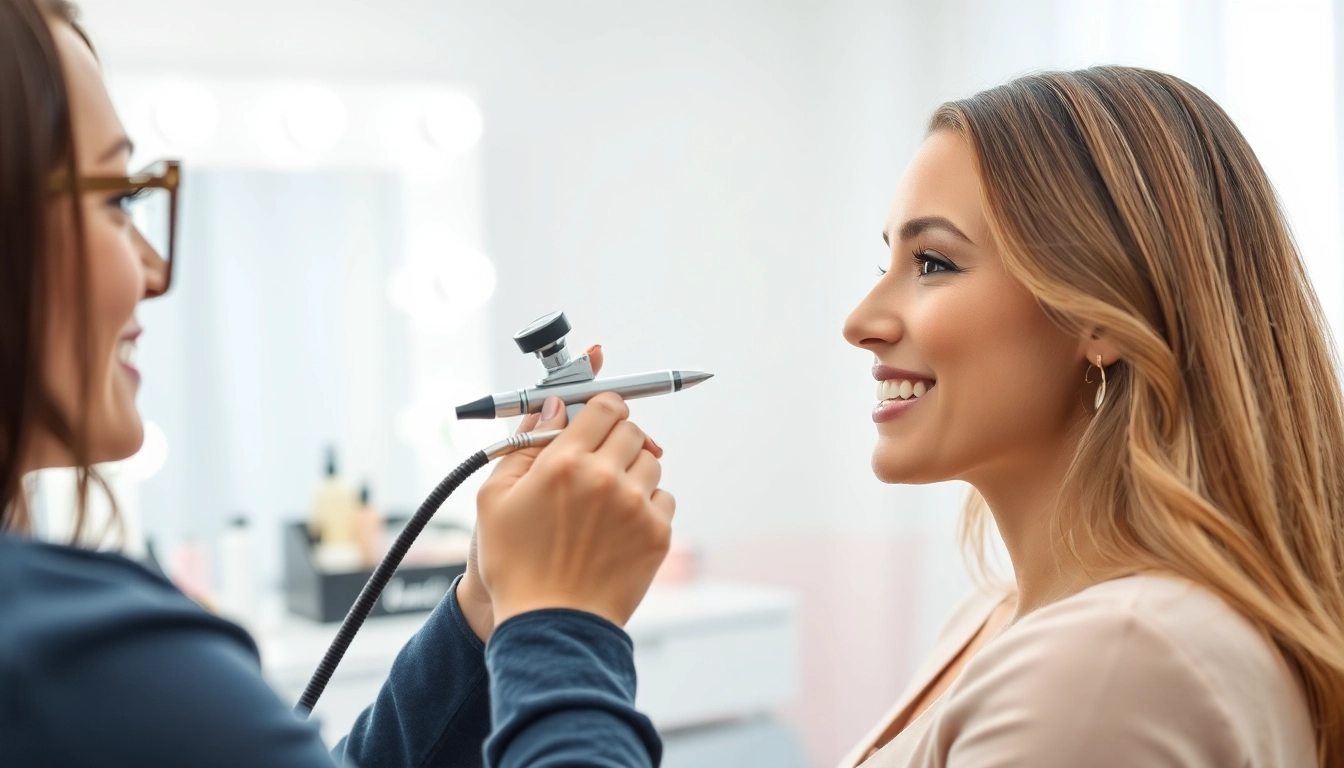 Airbrush makeup artist Dallas creating a stunning look in a bright studio.