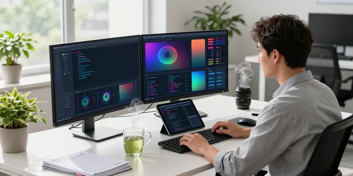Data scientist analyzing AI inference data on dual monitors in a modern workspace