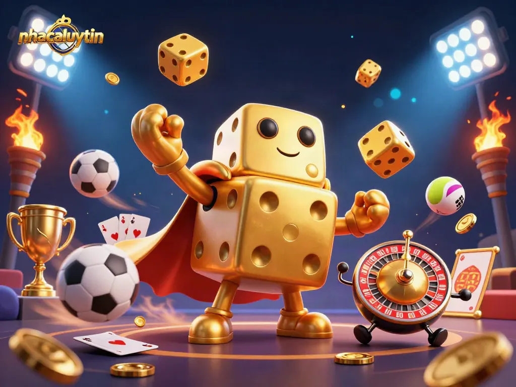 nhacaiuytin showcases a lively 3D casino scene with golden dice, sports balls, and dynamic betting elements.
