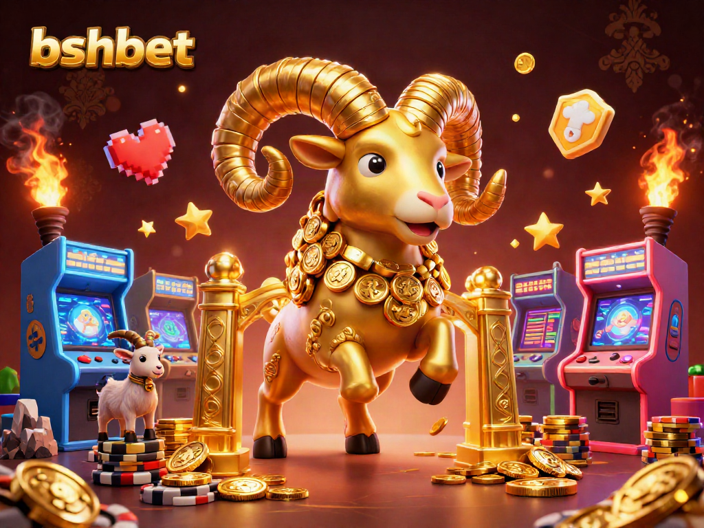 Experience the thrill of bshbet with a dynamic 3D casino illustration featuring a golden ram charging through gaming magic.