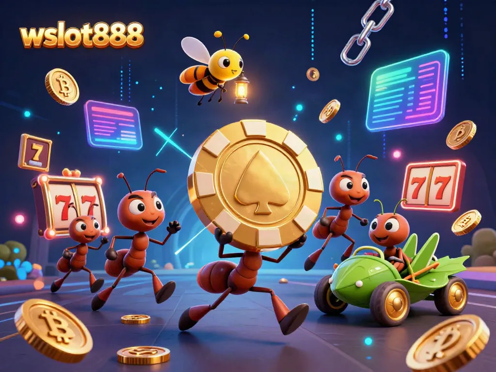 Semut dan serangga dalam perampokan membawa chip poker besar di latar belakang digital dengan elemen wslot888.