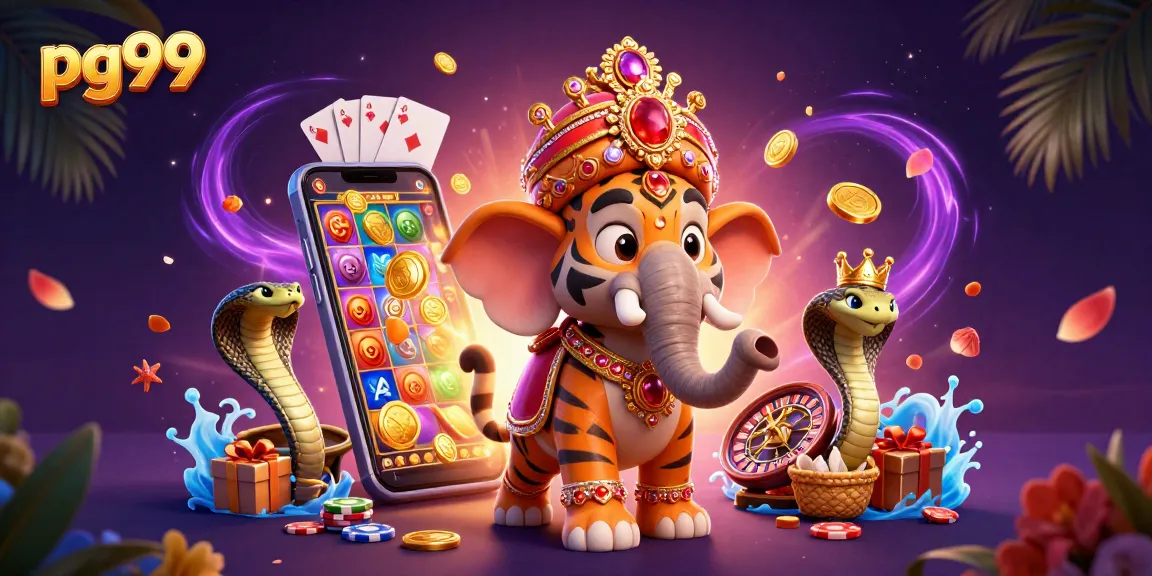 Spin to win with pg99, featuring a grand elephant and a royal tiger celebrating in a vibrant casino.