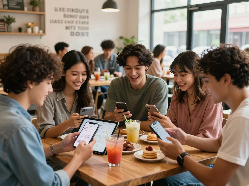 Group of friends discussing test of attractiveness results at a vibrant café, laughing and sharing their experiences.