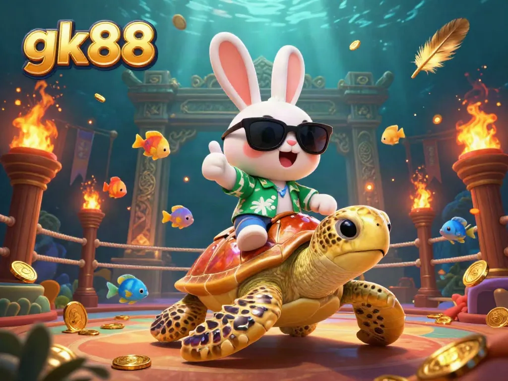 Experience vibrant fun with gk88 in a lively underwater casino scene featuring a lucky rabbit and golden turtle.