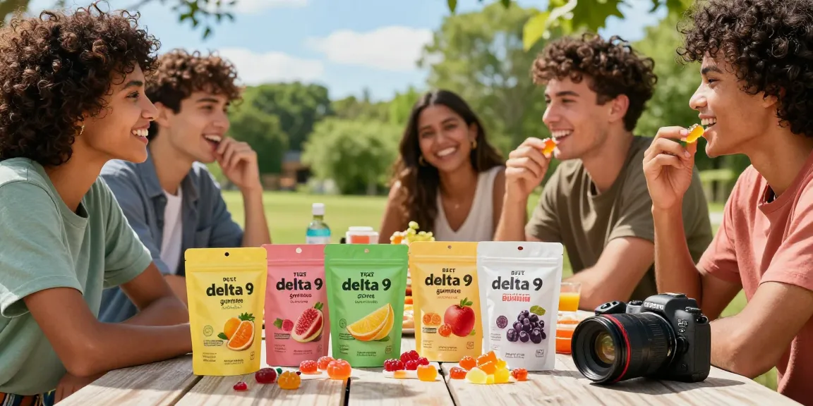 Friends enjoying the best delta 9 gummies at a sunny outdoor picnic with vibrant fruit flavors.
