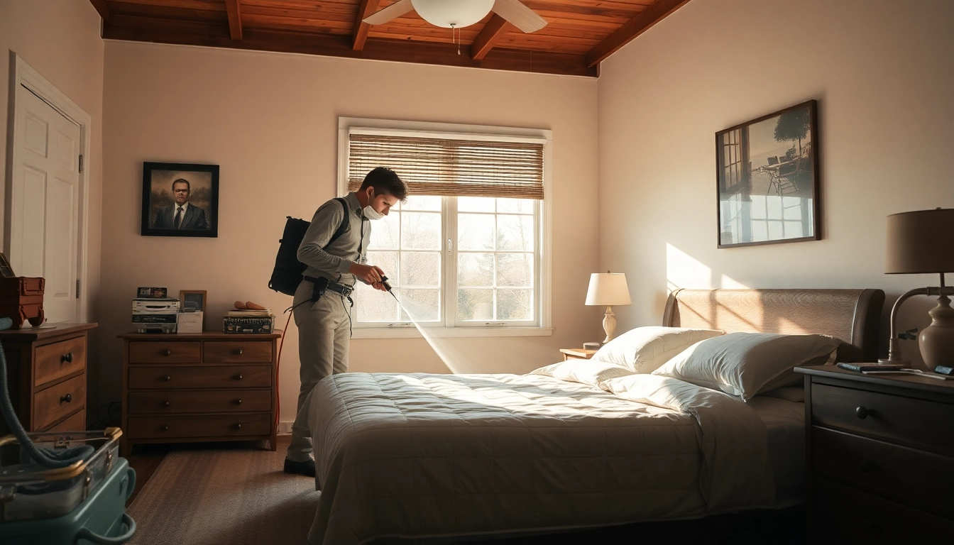 Efficient bed bug removal service in action, showcasing a professional exterminator treating a bed.